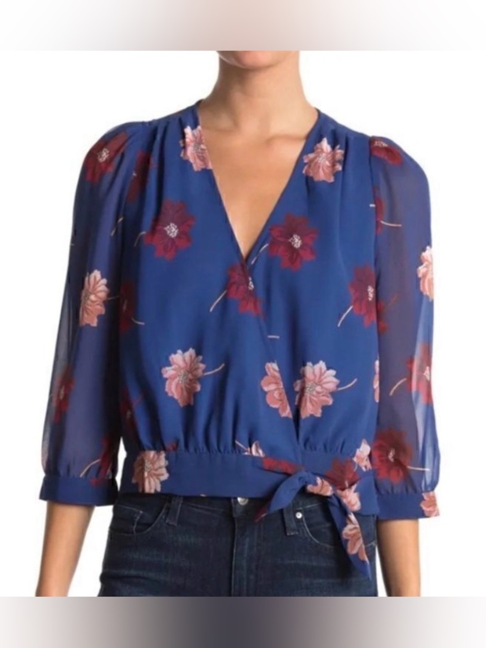 Madewell Blue Floral Wrap Blouse with Tie